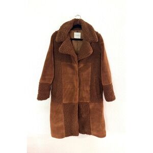 Lucky Brand Patchwork Teddy Fleece Long Coat Brown Size S